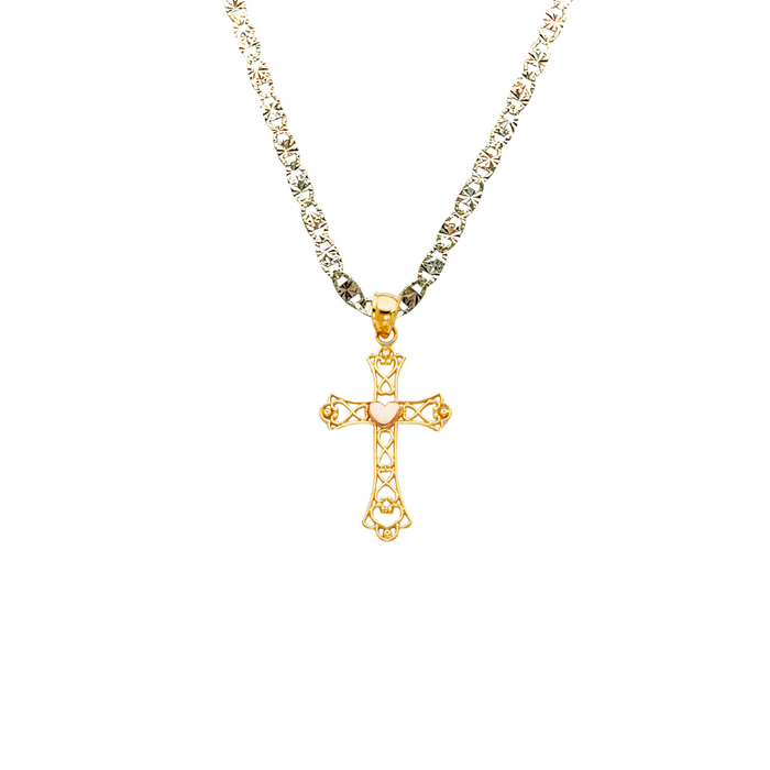 14k Gold Two Tone Rose Heart Cross Pendant with Solid Chain - LE-2125