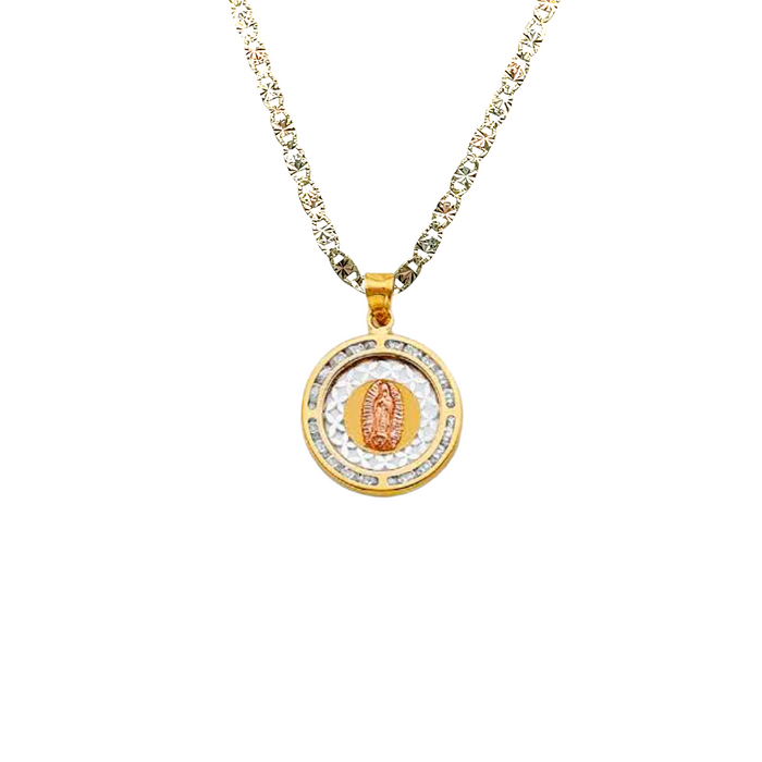 14k Virgin Mary Gold Pendant Round with Gemstones and Solid Chain - LE-1310