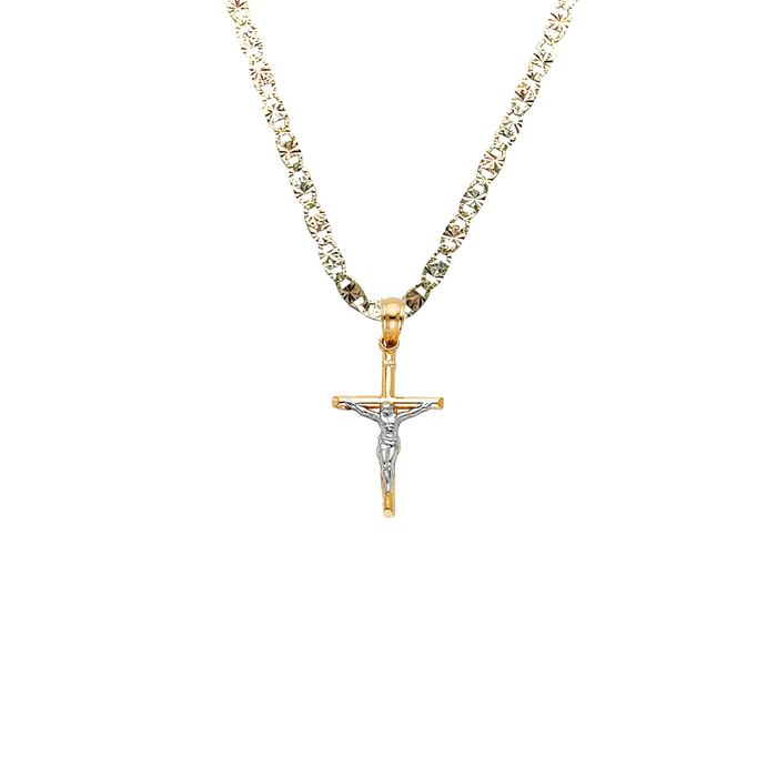 14k Gold Small Two Tone Jesus Cross Pendant with Solid Chain - LE-0047