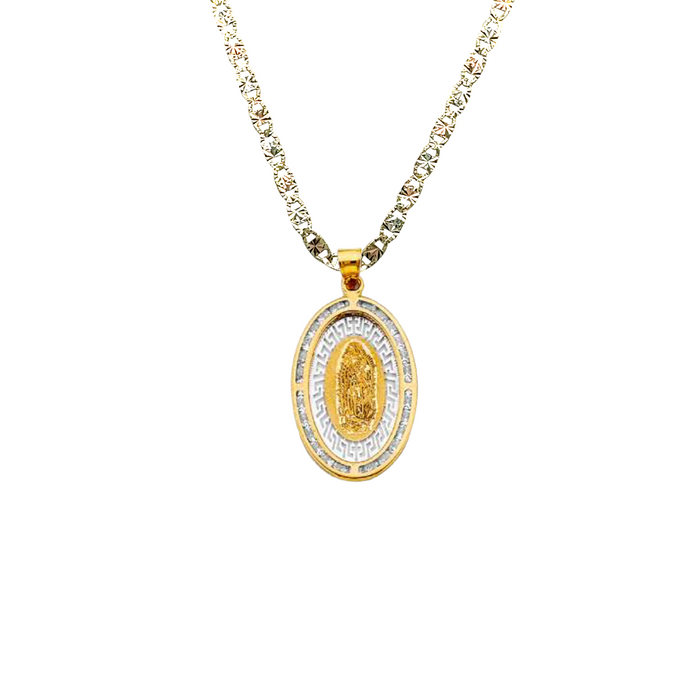 14k Virgin Mary Gold Pendant Oval Gemstones with Solid Chain - LE-1302