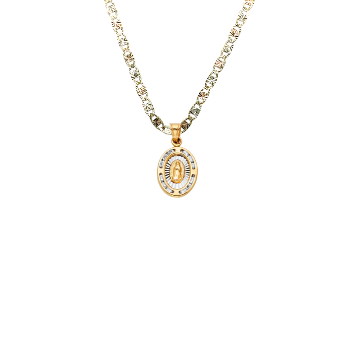 14k Virgin Mary Gold Pendant with Gemstones and Solid Chain - LE-199