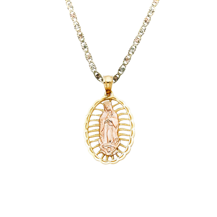 14k Virgin Mary Oval Pendant with Solid Chain - LE-PT1109