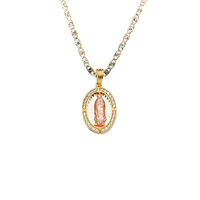 14k Virgin Mary Oval Pendant with Gemstone Bezel and Solid Chain - LE-PT2289