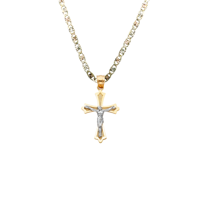 14k Gold Two Tone Jesus Cross Pendant with Solid Chain - LE-0039