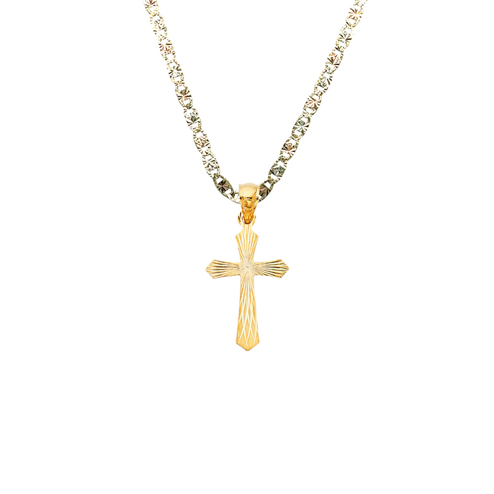 14k Gold Radial Diamond Cut Cross Pendant with Solid Chain - LE-1430