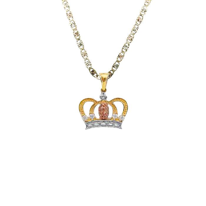 14k Virgin Mary Gemstone Crown Pendant with Solid Chain - LE-PT2150