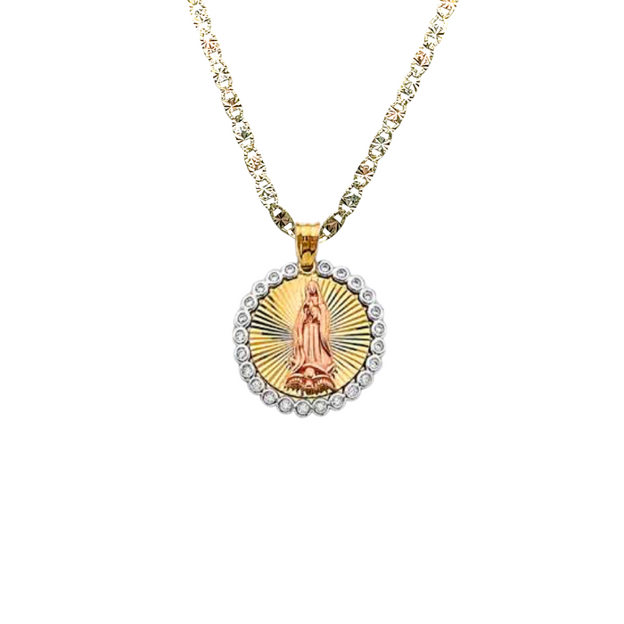 14k Virgin Mary Round Gemstone Pendant with Solid Chain - LE-2892