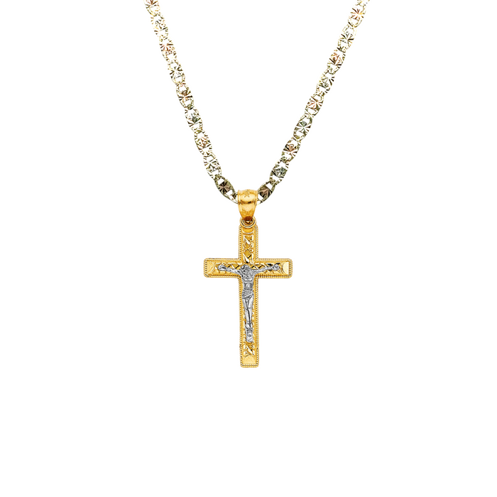 14k Two Tone Gold Nugget Jesus Cross Pendant with Solid Chain - LE-2592