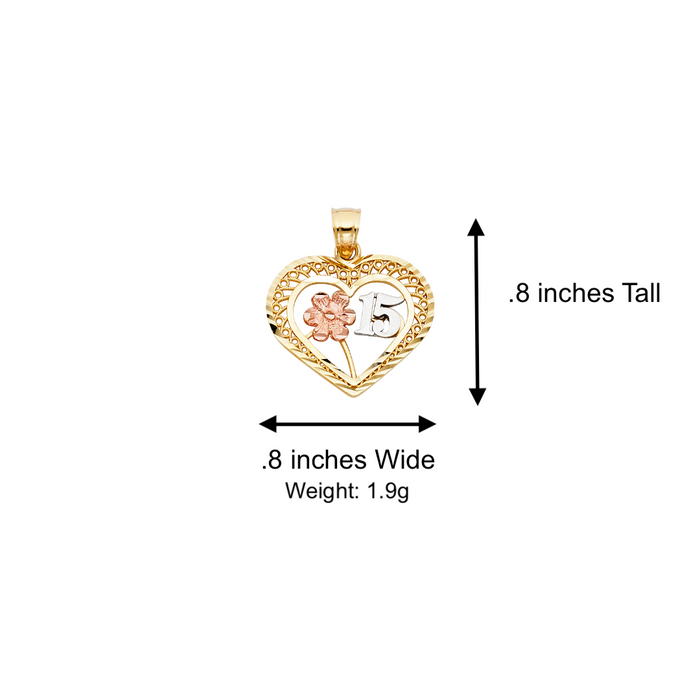 14k Gold Three Tone 15 Quinceañera Heart Pendant with Solid Chain - LE-1908