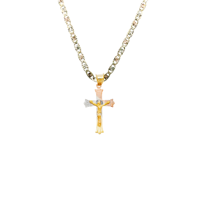 14k TriColor Gold Jesus Cross Pendant with Solid Chain - LE-0356