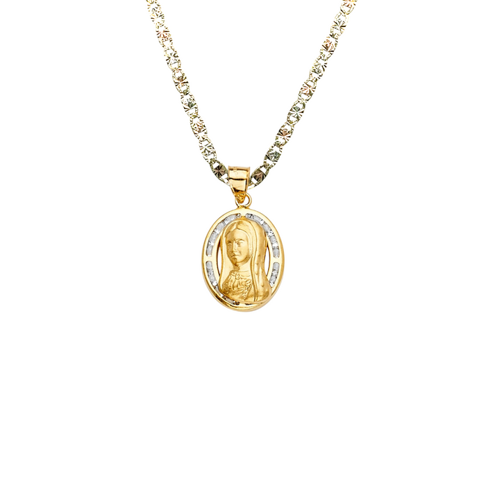 14k Virgin Mary Oval Gold Pendant with Gemstones and Solid Chain - LE-2321