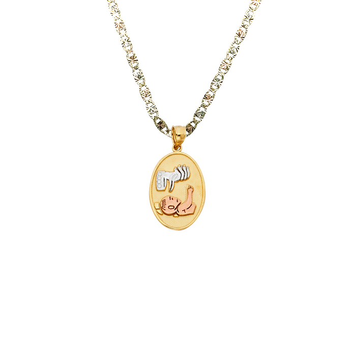 14k Baptism Tri Color Gold Oval Pendant with Solid Chain - LE-254