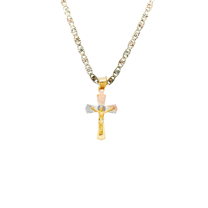 14k TriColor Gold Jesus Cross Pendant with Solid Chain - LE-0355