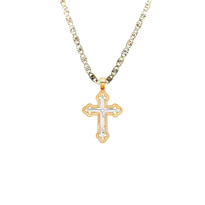 14k Gold Two Tone Cross Pendant with Solid Chain - LE-0918