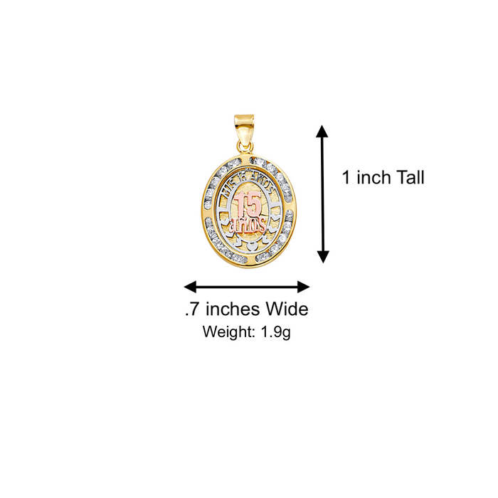 14k Gold Three Tone Mis 15 Años Quinceañera Oval Gemstone Pendant with Solid Chain - LE-2527