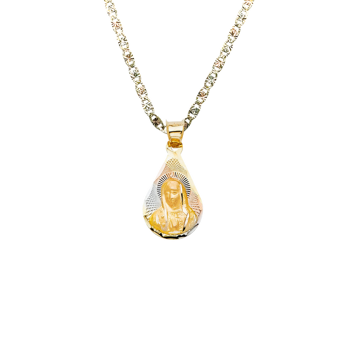 14k Virgin Mary TriColor Gold Teardrop Pendant with Solid Chain - LE-2082