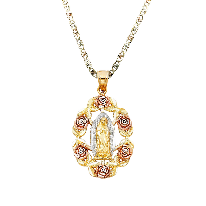 14k Virgin Mary Pendant with Surrounding Roses and Solid Chain