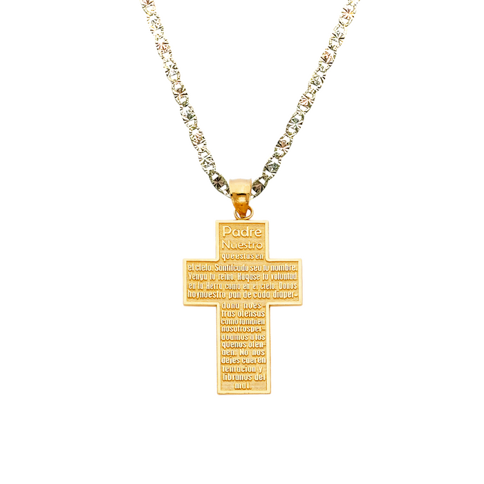 14k Gold Padre Nuestro Cross Pendant with Solid Chain - LE-1027