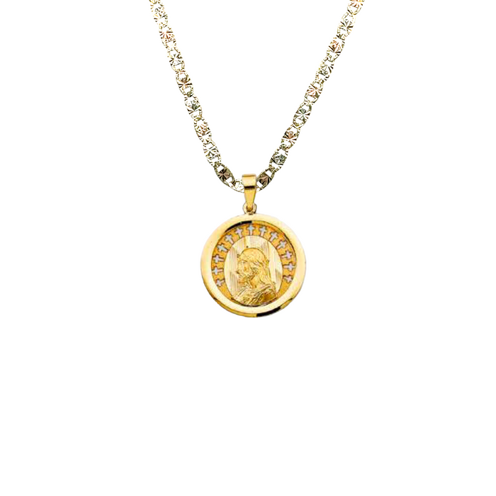 14k Jesus Christ Round Gold Pendant with Solid Chain - LE-3058