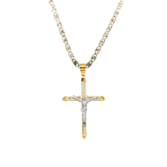 14k Two Tone Gold Gemstone Jesus Cross Pendant with Solid Chain - LE-2195