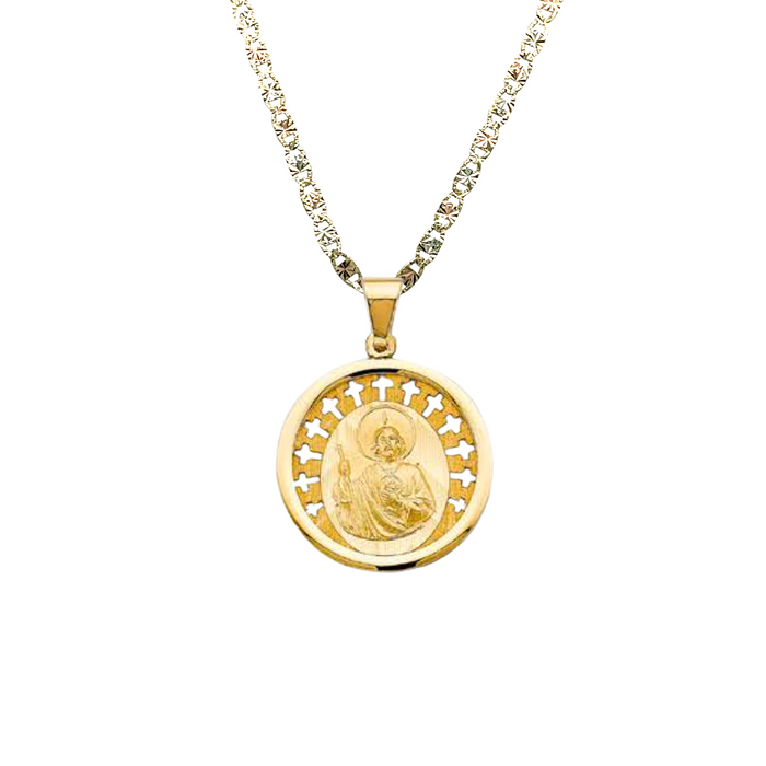 14k San Judas Round Gold Pendant and Solid Chain - LE-3059