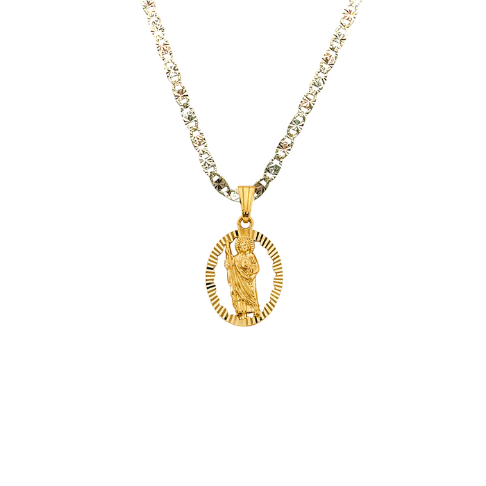 14k San Judas Gold Oval Diamond Cut Pendant with Solid Chain - LE-3074