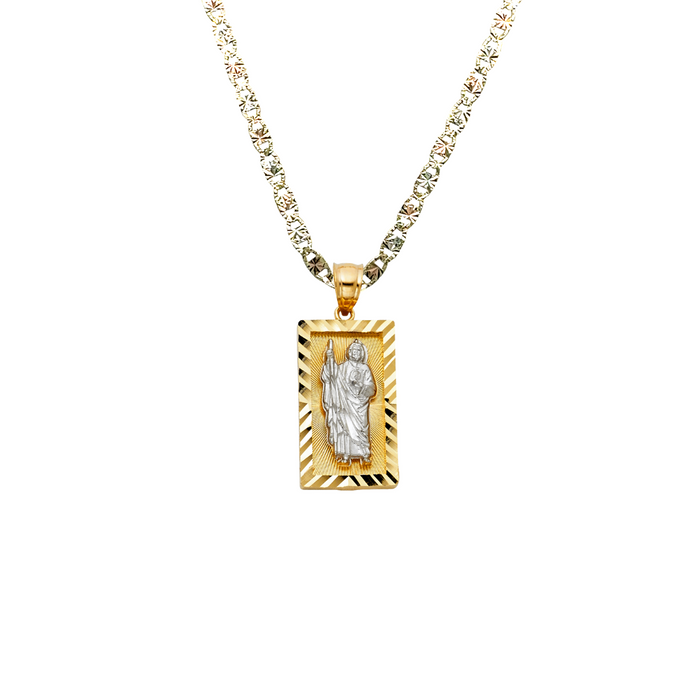 14k San Judas Gold Pendant Diamond Cut Edge with Solid Chain - LE-1151