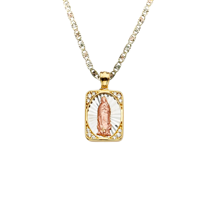 14k Virgin Mary Square Pendant with Gemstone Corners and Solid Chain - LE-PT2293