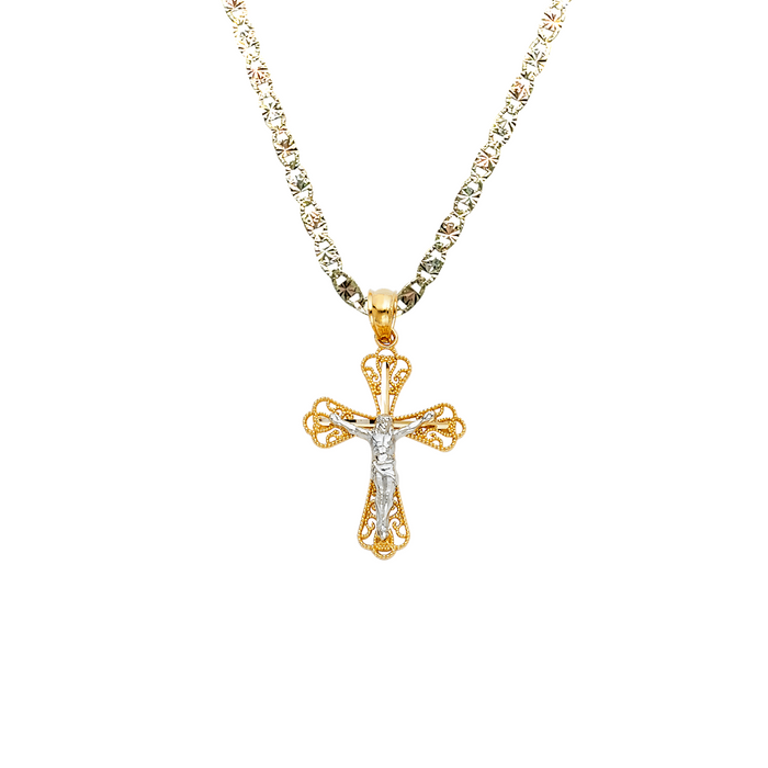 14k Gold Two Tone Jesus Cross Pendant with Solid Chain - LE-1020