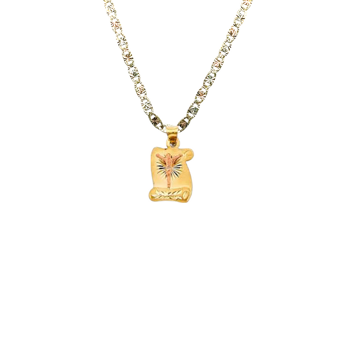 14k Jesus Christ Diamond Cut Scroll Pendant with Solid Chain - LE-2896