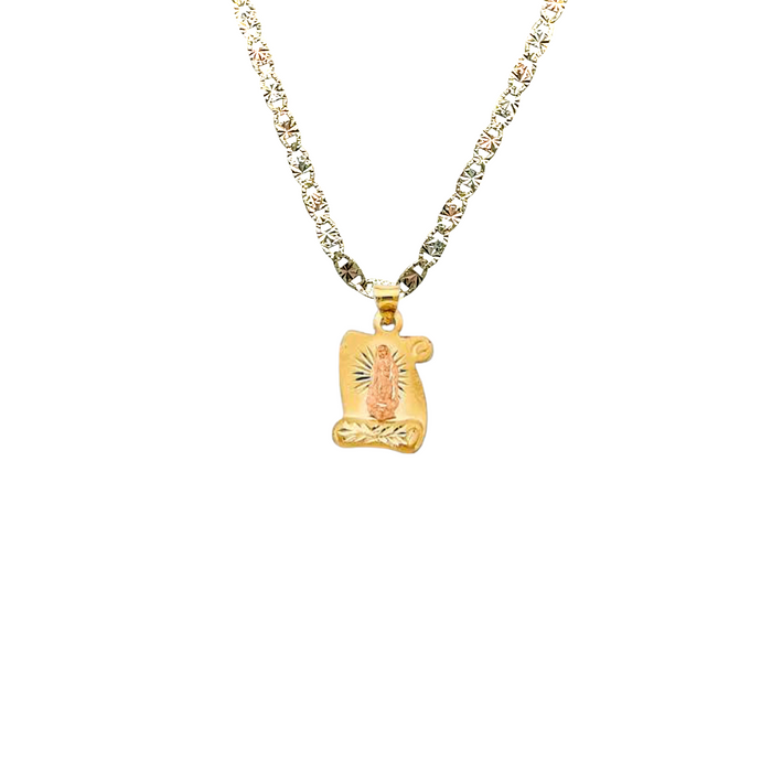 14k Virgin Mary Diamond Cut Scroll Pendant with Solid Chain - LE-2895