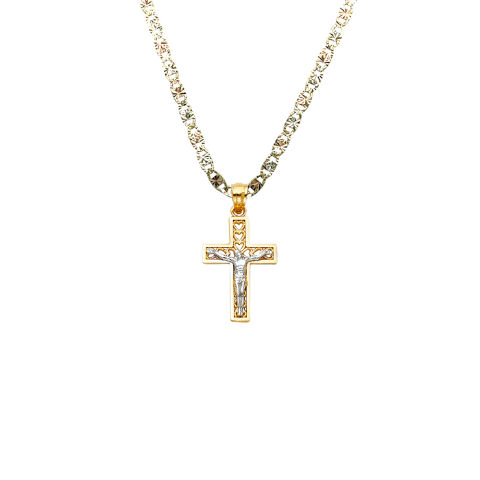 14k Gold Two Tone Heart Design Jesus Cross Pendant with Solid Chain - LE-0078