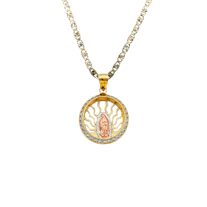 14k Virgin Mary Gold Pendant Round Gemstones with Solid Chain - LE-2723