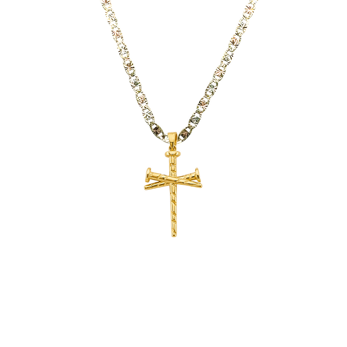 14k Gold Diamond Cut Nails Cross Pendant with Solid Chain - LE-2960