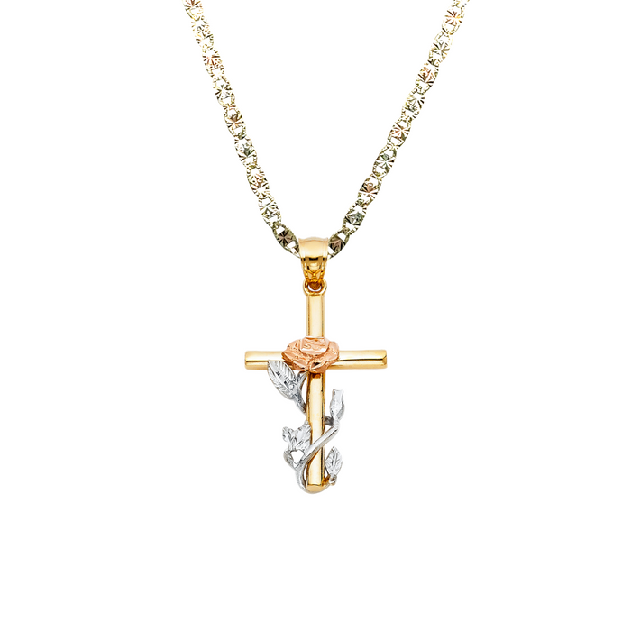 14k Gold Tri Tone Rose Flower Cross Pendant with Solid Chain - LE-1016