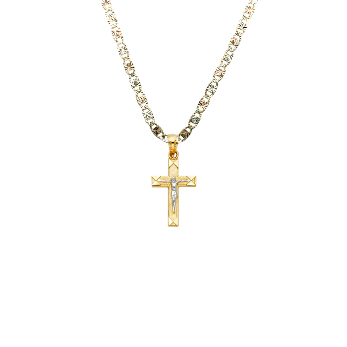 14k Gold Small Two Tone Jesus Cross Pendant with Solid Chain - LE-0044