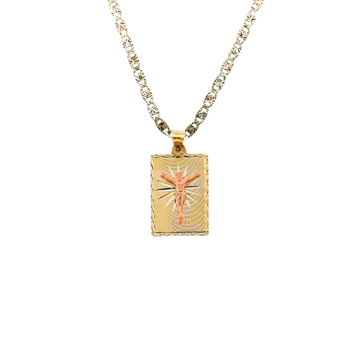 14k Jesus Christ Rectangle Gold Pendant and Solid Chain - LE-2902