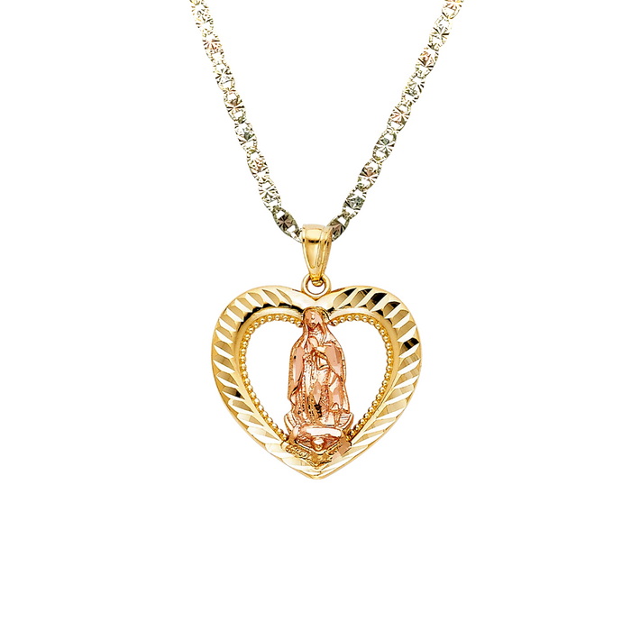 14k Virgin Mary Heart Diamond Cut Pendant with Solid Chain - LE-1126