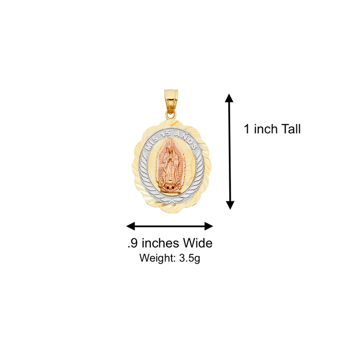 14k Gold Tri Tone Virgin Mary Mis 15 Años Quinceañera Oval Pendant with Solid Chain - LE-1900