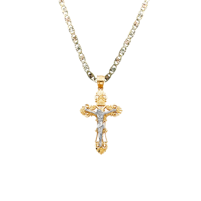 14k Two Tone Gold Ornate Jesus Cross Pendant with Solid Chain - LE-0060