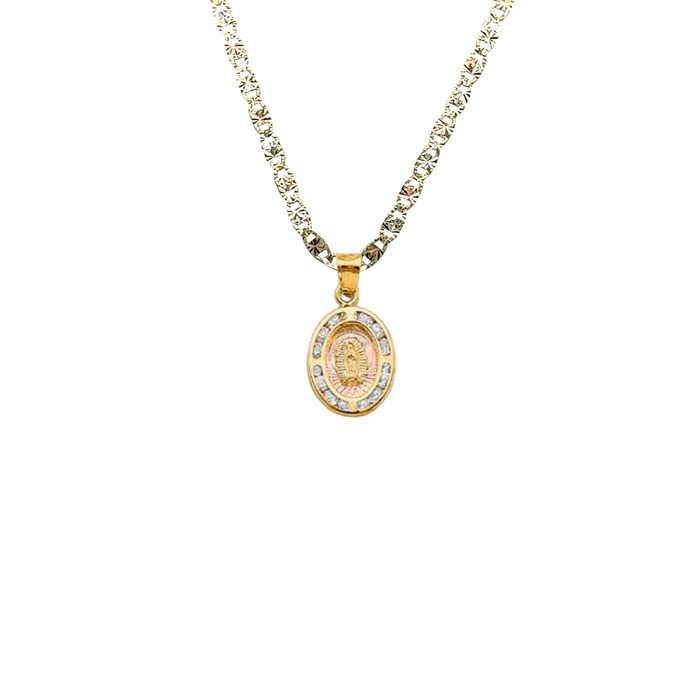 14k Virgin Mary Gold Pendant with Gemstones and Solid Chain - LE-1323