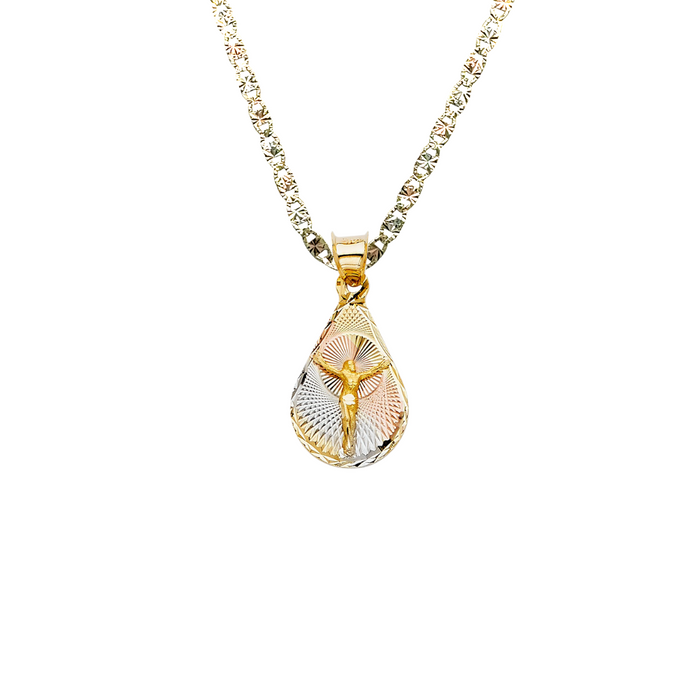 14k Jesus Christ TriColor Teardrop Gold Pendant with Solid Chain - LE-344