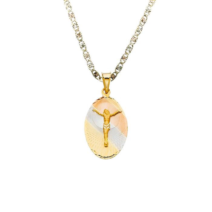 14k Jesus Christ TriColor Oval Gold Pendant with Solid Chain - LE-324