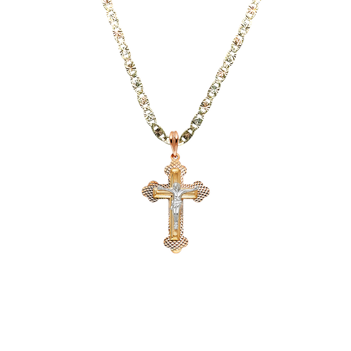 14k Tri Color Gold Jesus Cross with Solid Figaro Chain - LE-0868