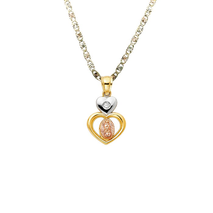 14k Virgin Mary Gemstone Heart Pendant with Solid Chain - LE-1127