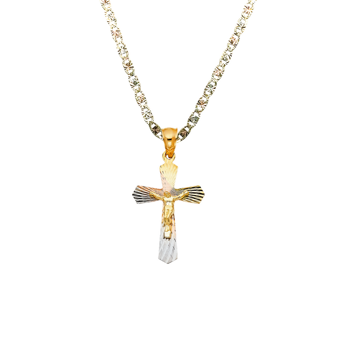 14k TriColor Gold Jesus Cross Pendant with Solid Chain - LE-1418