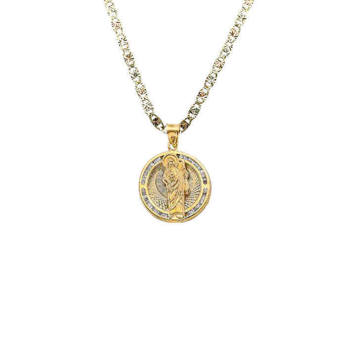 14k San Judas Round Gemstone Pendant with Solid Chain - LE-3053