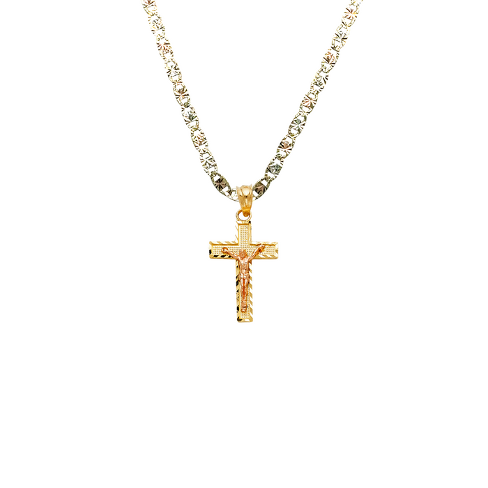 14k Gold Two Tone Rose Gold Jesus Cross Pendant with Solid Chain - LE-0080