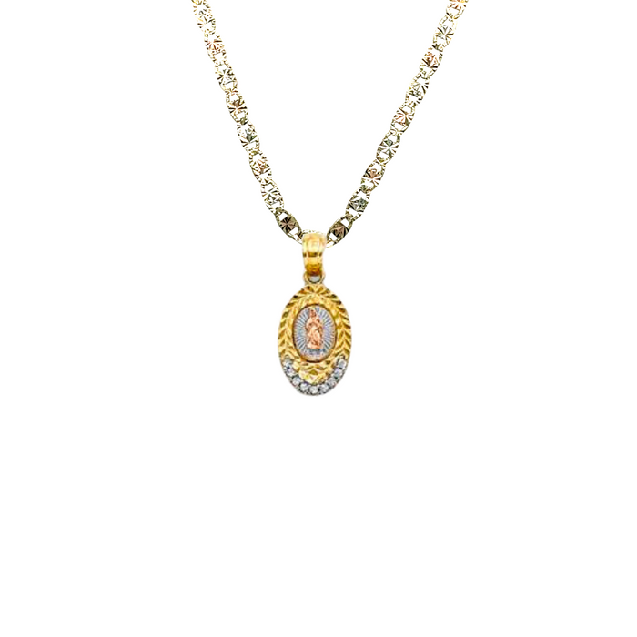 14k Virgin Mary Oval Gemstone Pendant with Solid Chain - LE-1131