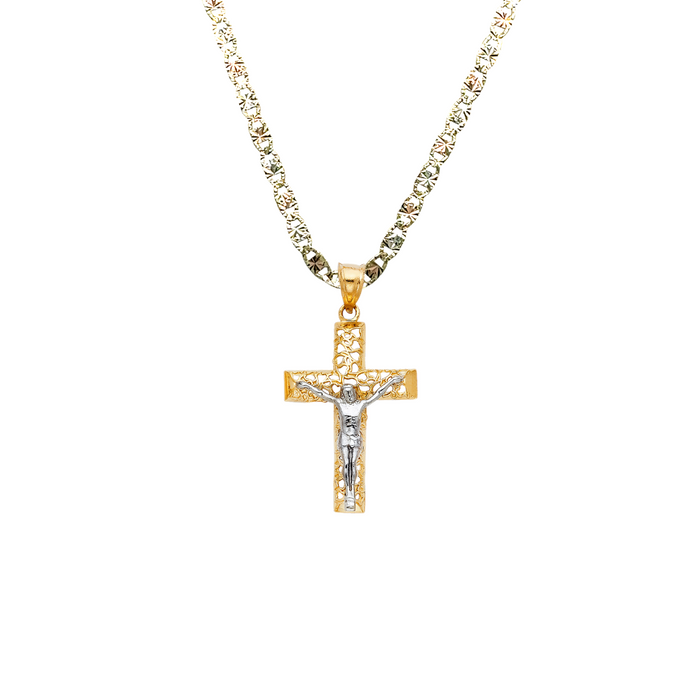 14k Two Tone Gold Jesus Cross Pendant with Solid Chain - LE-0054